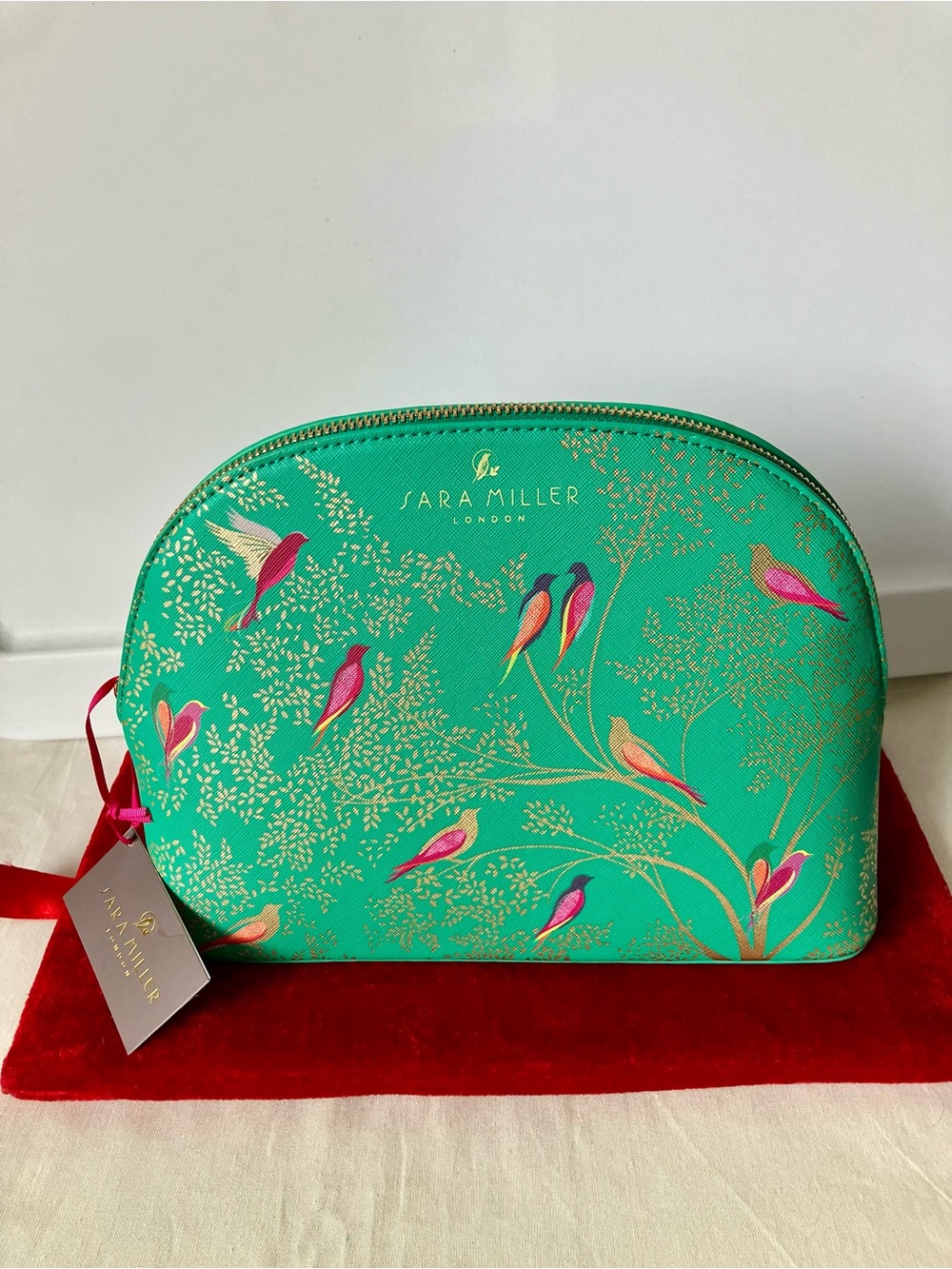 New Sara Miller London Large Cosmetic Bag Case PVC Green Gold Birds NWT